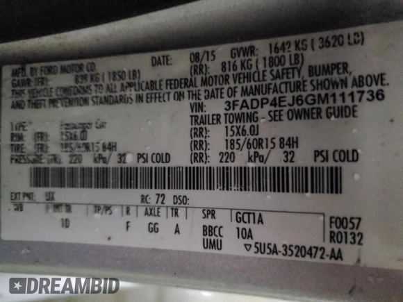 2016 Ford Fiesta SE with VIN 3FADP4EJ6GM111736, listed as a Copart auction lot 87804225 with 136,377 mi miles and Non Repairable. Bid and sale history available at DreamBid. Image 12.
