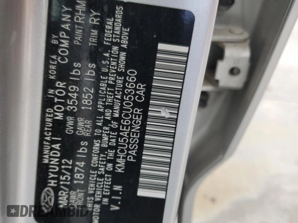 2012 Hyundai Accent SE with VIN KMHCU5AE6CU053660, listed as a Copart auction lot 45714055 with 87,913 mi miles and Salvage Title. Bid and sale history available at carsss.com. Image 12.