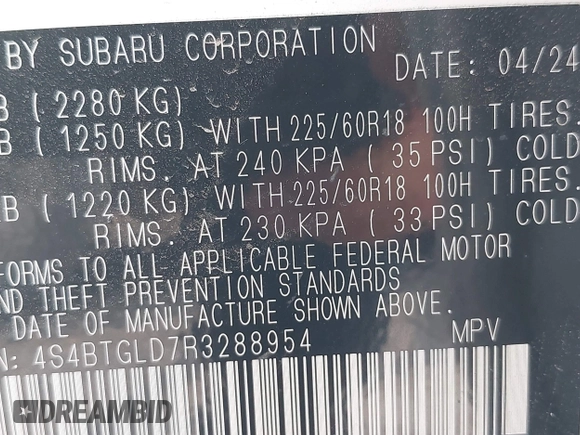 2024 Subaru Outback Onyx XT with VIN 4S4BTGLD7R3288954, listed as a IAAI auction lot 41386232 with 8,313 mi miles and . Bid and sale history available at DreamBid. Image 9.