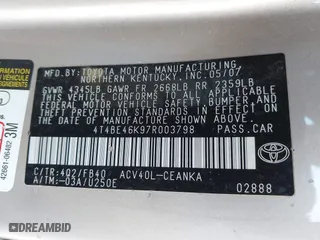 2007 Toyota Camry CE with VIN 4T4BE46K97R003798, listed as a IAAI auction lot 41688367 with 109,972 mi miles. Bid and sale history available at carsss.com. Image 9.