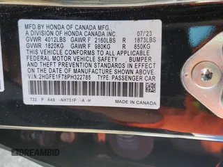 2023 Honda Civic Sedan EX with VIN 2HGFE1F78PH322785, listed as a Copart auction lot 87103264 with 19,165 mi miles and Non Repairable. Bid and sale history available at carsss.com. Image 15.