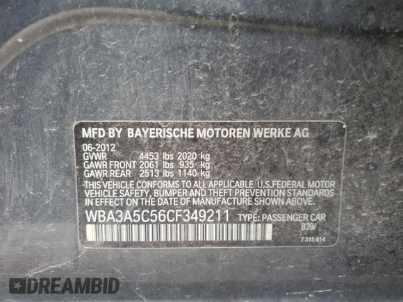 2012 BMW 3 Series 328i with VIN WBA3A5C56CF349211, listed as a Copart auction lot 62856885 with 146,037 mi miles and Clean title. Bid and sale history available at DreamBid. Image 13.