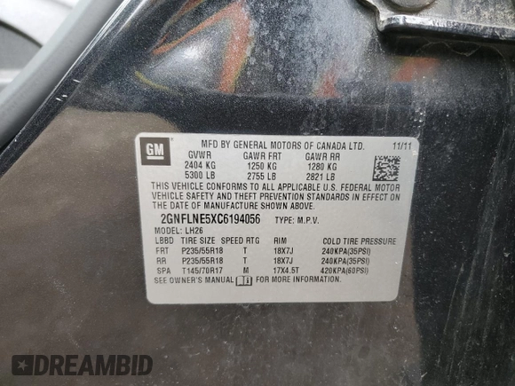 2012 Chevrolet Equinox LT w/2LT with VIN 2GNFLNE5XC6194056, listed as a Copart auction lot 83520084 with 173,580 mi miles and Clean Title. Bid and sale history available at carsss.com. Image 13.