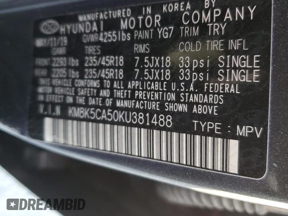 2019 Hyundai Kona Ultimate with VIN KM8K5CA50KU381488, listed as a Copart auction lot 42022965 with 48,155 mi miles and Salvage Title. Bid and sale history available at carsss.com. Image 13.