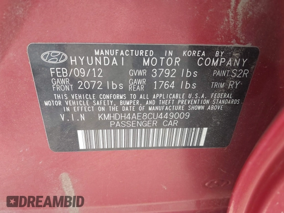 2012 Hyundai Elantra Limited with VIN KMHDH4AE8CU449009, listed as a IAAI auction lot 42228159 with 104,018 mi miles and . Bid and sale history available at DreamBid. Image 9.