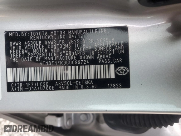 2012 Toyota Camry L with VIN 4T1BF1FK9CU099724, listed as a Copart auction lot 46882095 with 143,373 mi miles and Salvage Title. Bid and sale history available at DreamBid. Image 12.