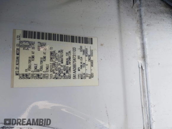 2005 Nissan Armada SE z VIN 5N1AA08B75N731103, wystawiony jako IAAI lot #42213623 z przebiegiem 161 968 mil mil oraz . Historia ofert i sprzedaży dostępna na DreamBid. Obrazek 9.