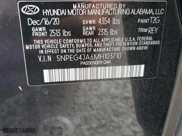 2021 Hyundai Sonata SE with VIN 5NPEG4JA6MH103710, listed as a Copart auction lot 51808075 with 105,053 mi miles and Salvage Title. Bid and sale history available at carsss.com. Image 12.