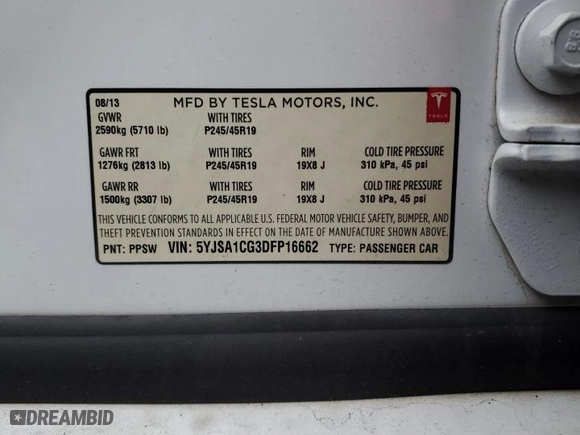 2013 Tesla Model S with VIN 5YJSA1CG3DFP16662, listed as a Copart auction lot 83674474 with 105,013 mi miles and Salvage Title. Bid and sale history available at carsss.com. Image 14.