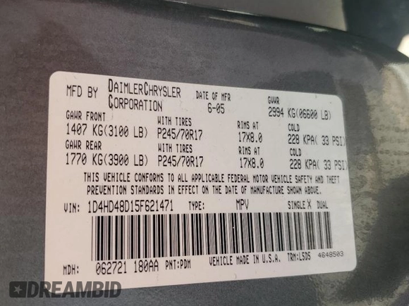 2005 Dodge Durango SLT z VIN 1D4HD48D15F621471, wystawiony jako Copart lot #74086164 z przebiegiem 185 162 mil mil oraz Szkoda całkowita • Salvage title. Historia ofert i sprzedaży dostępna na DreamBid. Obrazek 13.