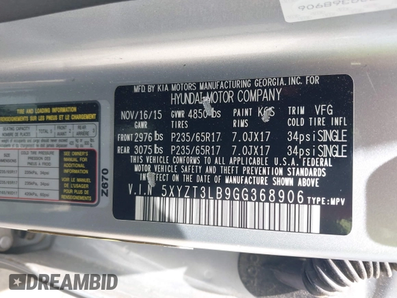 2016 Hyundai Santa Fe z VIN 5XYZT3LB9GG368906, wystawiony jako IAAI lot #42083613 z przebiegiem 83 064 mil mil oraz . Historia ofert i sprzedaży dostępna na DreamBid. Obrazek 9.