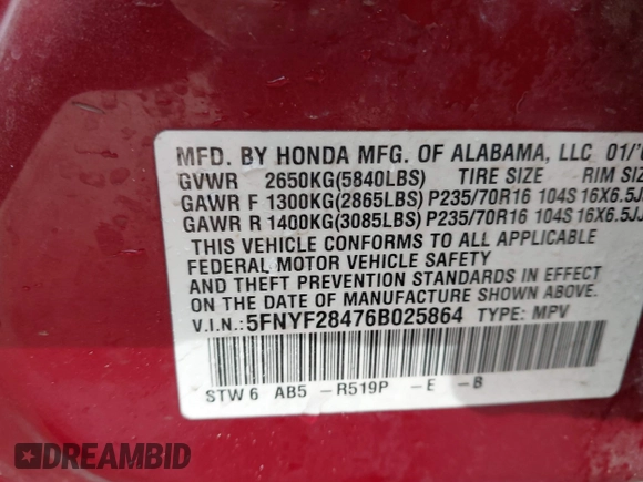 2006 Honda Pilot EX with VIN 5FNYF28476B025864, listed as a IAAI auction lot 41878122 with Not Provided miles and . Bid and sale history available at DreamBid. Image 9.