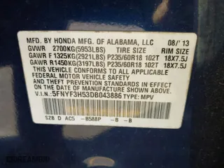 2013 Honda Pilot EX-L with VIN 5FNYF3H53DB043886, listed as a IAAI auction lot 41446151 with 105,587 mi miles. Bid and sale history available at carsss.com. Image 9.