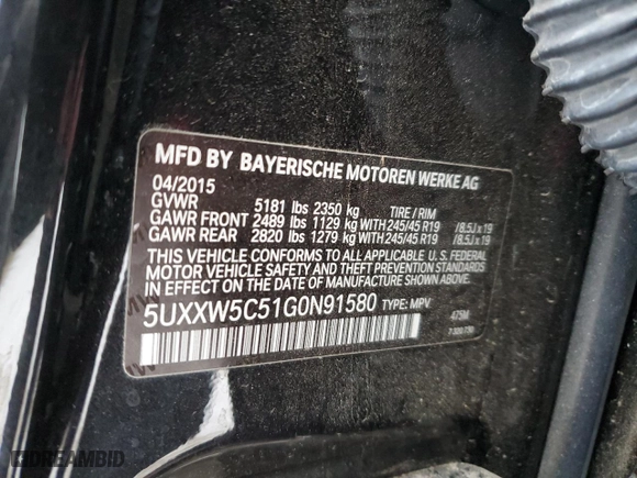 2016 BMW X4 xDrive35i with VIN 5UXXW5C51G0N91580, listed as a Copart auction lot 42594305 with NaN miles and Salvage Title. Bid and sale history available at carsss.com. Image 13.