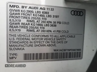 2023 Audi Q7 Premium z VIN WA1ACBF79PD007800, wystawiony jako Copart lot #45153985 z przebiegiem 21 349 mil mil oraz Szkoda całkowita • Salvage title. Historia ofert i sprzedaży dostępna na DreamBid. Obrazek 15.