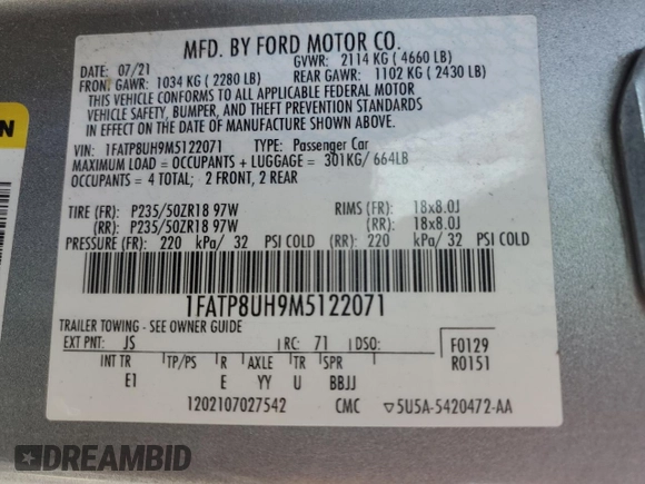 2021 Ford Mustang EcoBoost with VIN 1FATP8UH9M5122071, listed as a Copart auction lot 51768905 with 49,207 mi miles and Clean title. Bid and sale history available at DreamBid. Image 13.