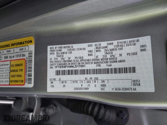 2022 Ford Ranger XL с VIN 1FTER4FH4NLD17091, выставлен на аукционе IAAI как лот 40592602 с пробегом 21 847 миль миль и . История ставок и продаж доступна на DreamBid. Изображение 9.