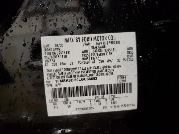 2020 Ford Explorer XLT with VIN 1FMSK8DH0LGC88692, listed as a Copart auction lot 41575285 with 133,353 mi miles and Salvage Title. Bid and sale history available at carsss.com. Image 13.