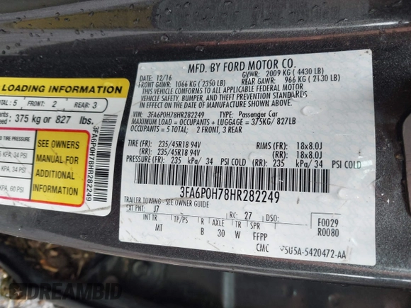 2017 Ford Fusion SE с VIN 3FA6P0H78HR282249, выставлен на аукционе IAAI как лот 42373721 с пробегом 154 707 миль миль и . История ставок и продаж доступна на DreamBid. Изображение 9.