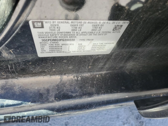 2015 Chevrolet Silverado 1500 LT with VIN 3GCPCREC0FG390339, listed as a Copart auction lot 49832735 with 174,797 mi miles and Salvage Title. Bid and sale history available at DreamBid. Image 12.