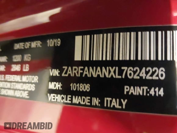 2020 Alfa Romeo Giulia z VIN ZARFANANXL7624226, wystawiony jako IAAI lot #41969817 z przebiegiem 60 367 mil mil oraz . Historia ofert i sprzedaży dostępna na DreamBid. Obrazek 9.