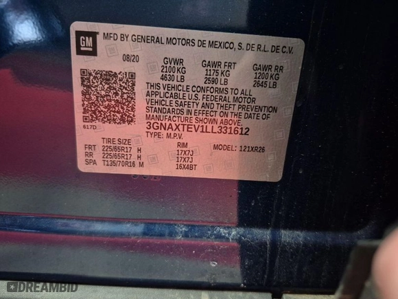 2020 Chevrolet Equinox LT with VIN 3GNAXTEV1LL331612, listed as a IAAI auction lot 42039406 with 58,488 mi miles. Bid and sale history available at carsss.com. Image 1.