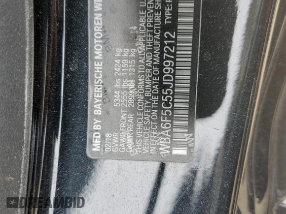 2018 BMW 6 Series 650i with VIN WBA6F5C55JD997212, listed as a Copart auction lot 42994084 with 54,748 mi miles. Bid and sale history available at carsss.com. Image 13.