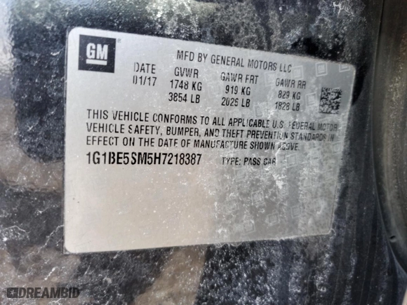 2017 Chevrolet Cruze LT with VIN 1G1BE5SM5H7218387, listed as a Copart auction lot 50423175 with 94,386 mi miles and Non Repairable. Bid and sale history available at carsss.com. Image 12.