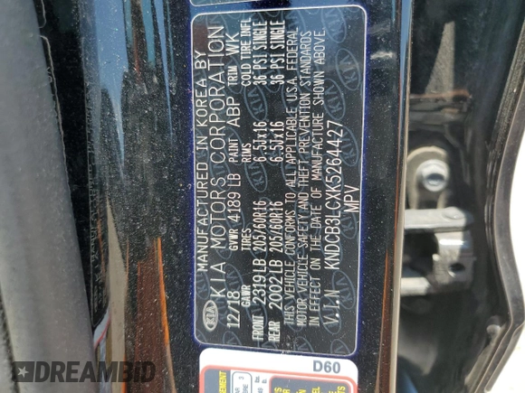 2019 Kia Niro LX with VIN KNDCB3LCXK5264427, listed as a Copart auction lot 61264753 with 57,803 mi miles and Non Repairable. Bid and sale history available at carsss.com. Image 14.