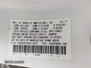 2015 Honda Accord Sport with VIN 1HGCR2F59FA176437, listed as a IAAI auction lot 42061031 with 106,069 mi miles and . Bid and sale history available at DreamBid. Image 9.