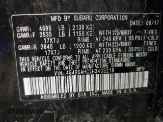 2017 Subaru Outback Premium with VIN 4S4BSAHC2H3433218, listed as a Copart auction lot 51782185 with 112,926 mi miles and Salvage Title. Bid and sale history available at DreamBid. Image 12.