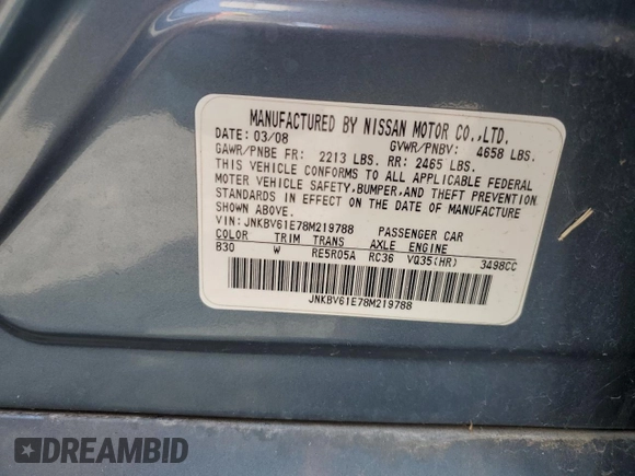 2008 Infiniti G35 with VIN JNKBV61E78M219788, listed as a Copart auction lot 48620814 with Not Provided miles and Salvage Title. Bid and sale history available at DreamBid. Image 12.