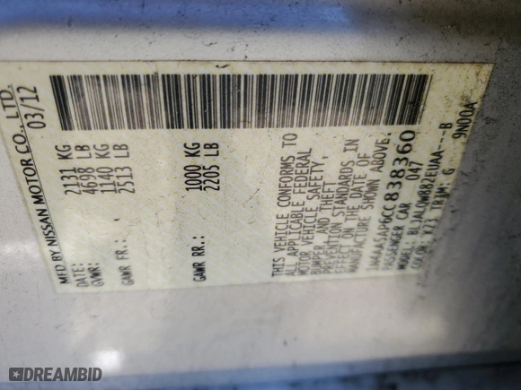 2012 Nissan Maxima 3.5 SV with VIN 1N4AA5AP6CC838360, listed as a Copart auction lot 46437805 with 164,594 mi miles and Salvage Title. Bid and sale history available at carsss.com. Image 12.