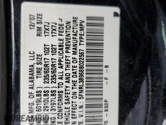 2008 Honda Odyssey Touring with VIN 5FNRL38968B022567, listed as a Copart auction lot 44445385 with 176,391 mi miles and Salvage Title. Bid and sale history available at carsss.com. Image 13.