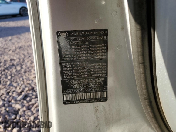 2007 Land Rover Range Rover Sport HSE с VIN SALSF25427A108793, выставлен на аукционе Copart как лот 86264424 с пробегом 249 291 миль миль и Списание • Salvage title. История ставок и продаж доступна на DreamBid. Изображение 14.