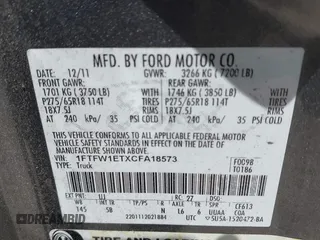 2012 Ford F-150 XL с VIN 1FTFW1ETXCFA18573, выставлен на аукционе IAAI как лот 42336169 с пробегом 180 133 миль миль и . История ставок и продаж доступна на DreamBid. Изображение 9.