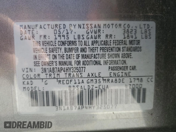2017 Nissan Sentra SV with VIN 3N1AB7AP4HY325077, listed as a Copart auction lot 47930565 with 105,347 mi miles and Salvage Title. Bid and sale history available at carsss.com. Image 13.