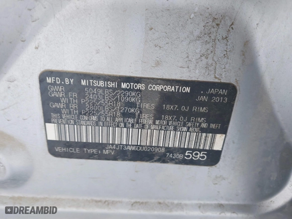 2013 Mitsubishi Outlander SE with VIN JA4JT3AW6DU020908, listed as a IAAI auction lot 41266111 with 193,967 mi miles. Bid and sale history available at carsss.com. Image 9.