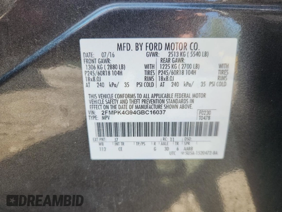 2016 Ford Edge SE with VIN 2FMPK4G94GBC16037, listed as a Copart auction lot 62405145 with 122,533 mi miles and Clean title. Bid and sale history available at DreamBid. Image 13.