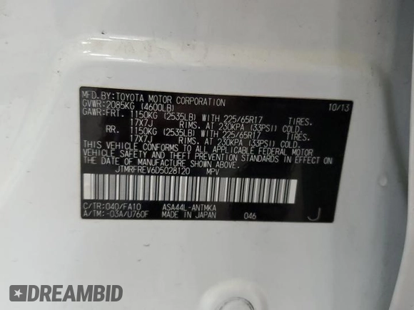 2013 Toyota RAV4 XLE with VIN JTMRFREV6D5028120, listed as a Copart auction lot 51215905 with 112,092 mi miles and Salvage Title. Bid and sale history available at DreamBid. Image 13.