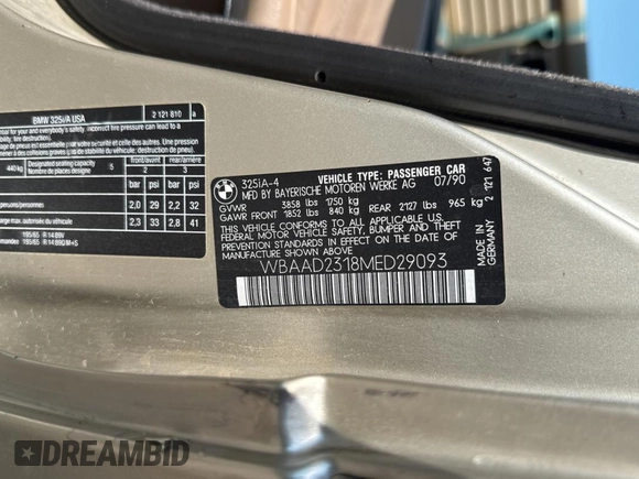1991 BMW 3 Series с VIN WBAAD2318MED29093, выставлен на аукционе Copart как лот 65037895 с пробегом 139 180 миль миль и Чистый • Clean title. История ставок и продаж доступна на DreamBid. Изображение 10.