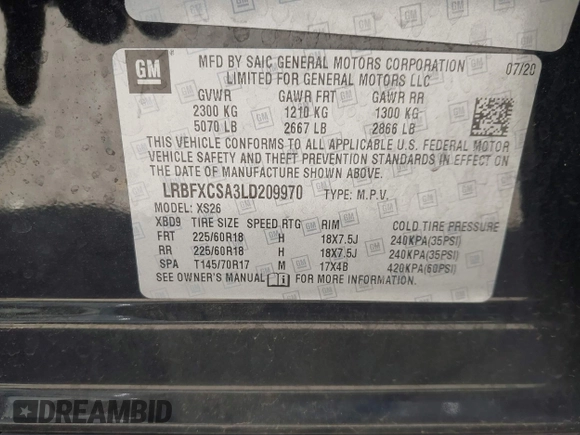 2020 Buick Envision Essence with VIN LRBFXCSA3LD209970, listed as a IAAI auction lot 42055134 with 59,854 mi miles and . Bid and sale history available at carsss.com. Image 9.
