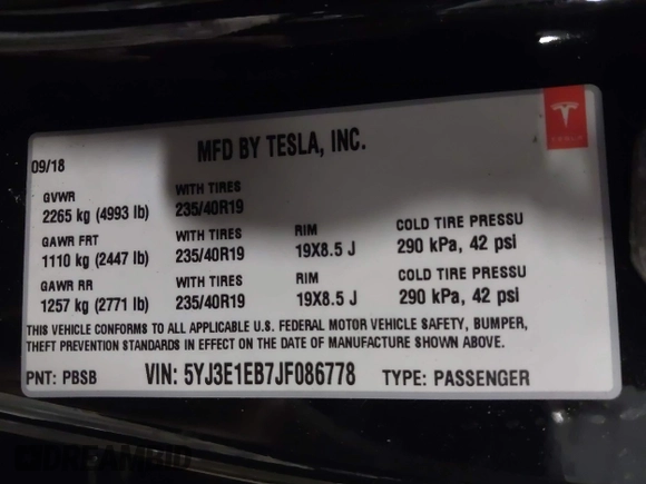 2018 Tesla Model 3 Long Range Battery with VIN 5YJ3E1EB7JF086778, listed as a IAAI auction lot 41348008 with 74,491 mi miles and . Bid and sale history available at DreamBid. Image 9.