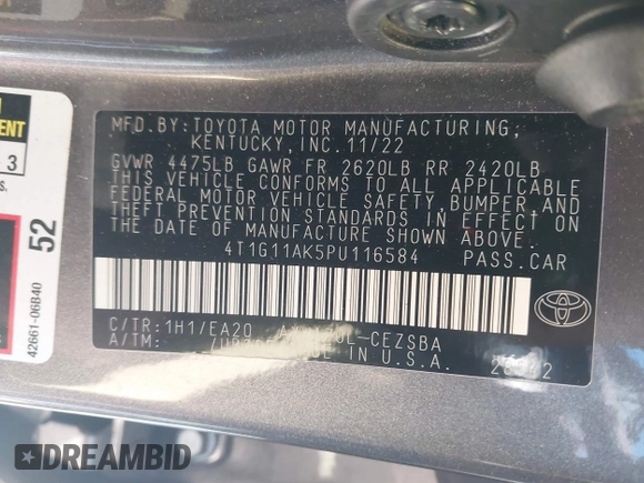 2023 Toyota Camry SE with VIN 4T1G11AK5PU116584, listed as a IAAI auction lot 41298269 with 28,994 mi miles. Bid and sale history available at carsss.com. Image 9.