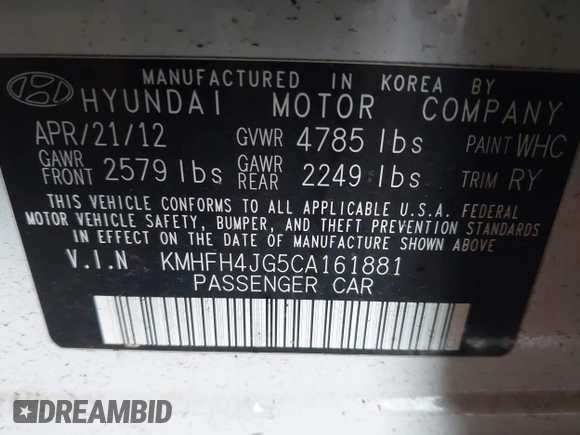 2012 Hyundai Azera с VIN KMHFH4JG5CA161881, выставлен на аукционе IAAI как лот 42250593 с пробегом 130 870 миль миль и . История ставок и продаж доступна на DreamBid. Изображение 9.