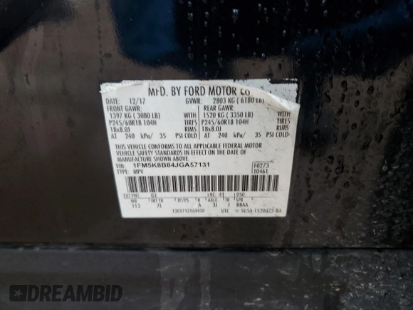 2018 Ford Explorer z VIN 1FM5K8B84JGA57131, wystawiony jako Copart lot #55683165 z przebiegiem 97 467 mil mil oraz Szkoda całkowita • Salvage title. Historia ofert i sprzedaży dostępna na DreamBid. Obrazek 13.