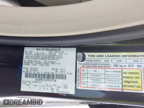 2007 Ford Fusion SE with VIN 3FAHP01137R137746, listed as a IAAI auction lot 41551002 with 999,999 mi miles. Bid and sale history available at carsss.com. Image 9.