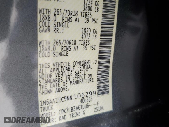 2022 Nissan Titan S with VIN 1N6AA1EC9NN106299, listed as a Copart auction lot 58061355 with 49,910 mi miles and Salvage title. Bid and sale history available at DreamBid. Image 12.