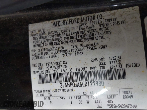 2012 Ford Fusion SEL z VIN 3FAHP0JA6CR122930, wystawiony jako IAAI lot #42789619 z przebiegiem 191 000 mil mil oraz . Historia ofert i sprzedaży dostępna na DreamBid. Obrazek 9.