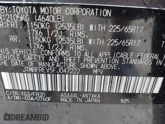 2015 Toyota RAV4 LE with VIN JTMBFREV5FJ047222, listed as a IAAI auction lot 40384471 with 123,621 mi miles and . Bid and sale history available at carsss.com. Image 9.
